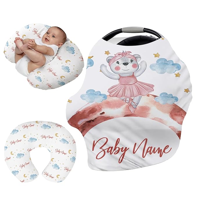 Custom Car Seat Covers for Babies - Breathable Baby Car Seat Cover for Girls Boys, Kick-Proof Newborn Carrier Canopy Stretchy Stroller Cover for 4 Seasons Pink Bear Print(27"x29")
