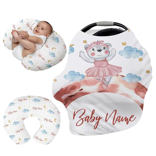 Custom Car Seat Covers for Babies - Breathable Baby Car Seat Cover for Girls Boys, Kick-Proof Newborn Carrier Canopy Stretchy Stroller Cover for 4 Seasons Pink Bear Print(27"x29")