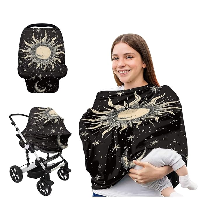 Moon and Sun Car Seat Canopy Breastfeeding Cover,Multi Use Baby Stroller and Carseat Cover Nursing Covers Boys and Girls Shower Gifts,Black