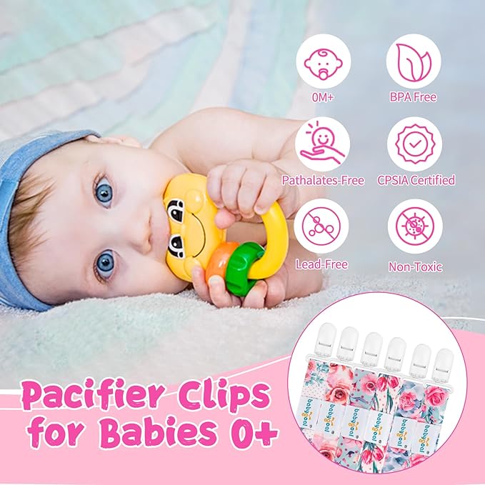 babygoal Floral Pacifier Clips, 6 Pack Binky Paci Holder Clips Leashes Fits for Most Baby Pacifiers and Binkies