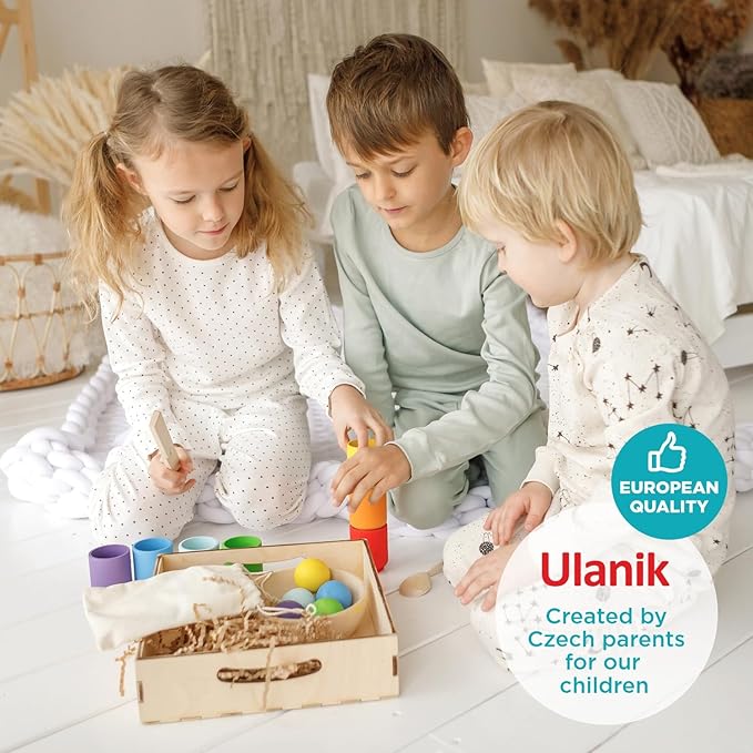 Ulanik Large Balls in Cups Toddler Montessori Toys for 1 Year Old + Kids, Preschool Wooden Matching Games for Learning Color Sorting and Counting - 12 Balls