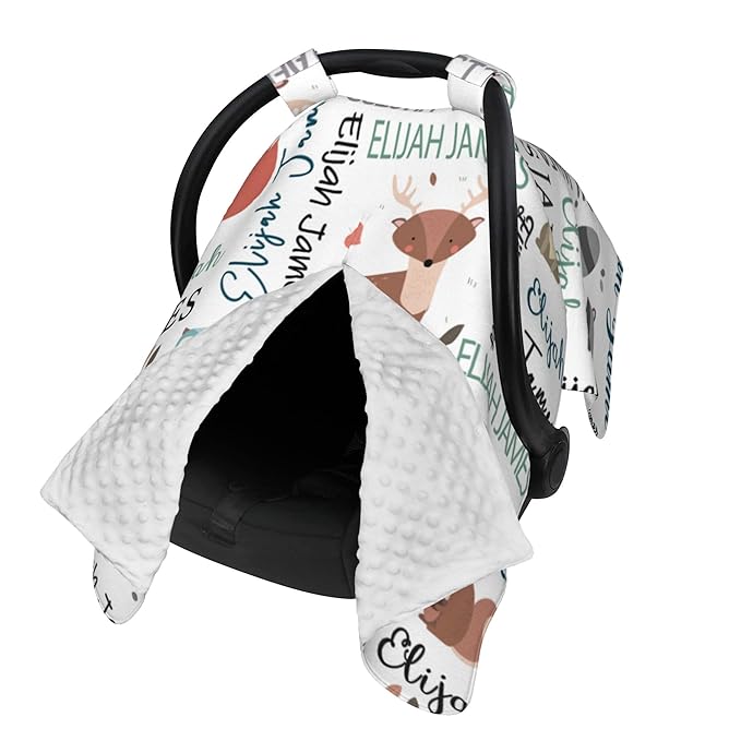 Personalized Car Seat Covers for Babies Custom Name Car Seat Canopy for Newborn Baby Boys Girls 2 in 1 Mom Nursing Breastfeeding Covers Woodland Minky Baby Carrier Covers with Peekaboo Opening