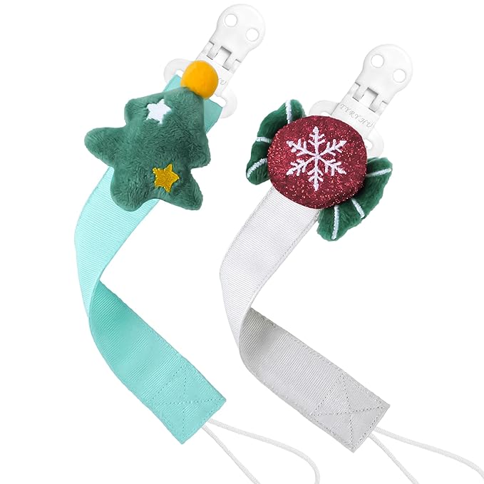 TYRY.HU Pacifier Clip for Baby, 2 Pack Neutral Pacifier Holder Clip for Girls Boys, Soft Webbing Soothie Christmas Binky Clips Fit All Pacifiers, Cute Baby Shower Gift，Tree & Candy
