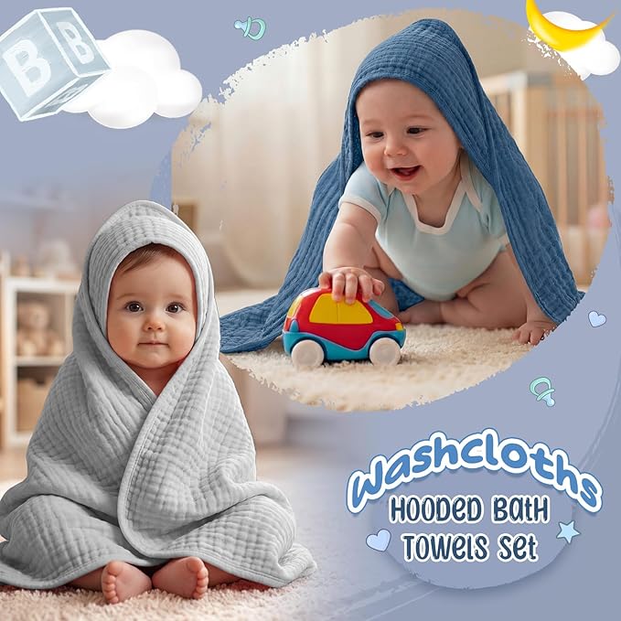Breling 6 Pcs Muslin Hooded Baby Bath Towel, Hand Towels and Washcloth Set, 36"x 36" Cotton Newborn Bath Towel Cotton Absorbent Blanket Unisex Newborn Gift Essentials for Girl Boy (Blue,Grey)