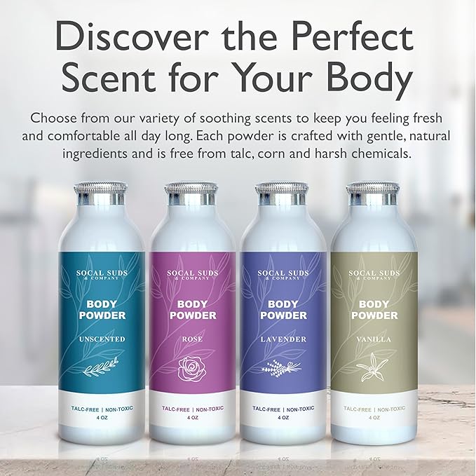 SoCal Suds & Company - Natural Body Powder Talc-Free - with Arrowroot Powder, Kaolin, Aspen Bark Extract for Soft Soothing Delicate Skin - Fragrance Free, 4oz, 1-Pack