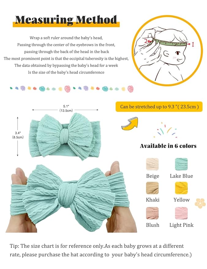 Stretchy Headbands with Bows for Newborn, Infant and Toddler Girls, Beige Unisex Head Wraps (6 Pack, 03H-09)