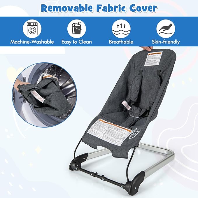 BABY JOY Baby Bouncer, Foldable Bouncer & Stationary Seat with 5-Point Safety Harness, Removable Fabric Cover, Portable Infant Bouncer Seat for Newborns Baby 0-6 Months (Dark Gray)