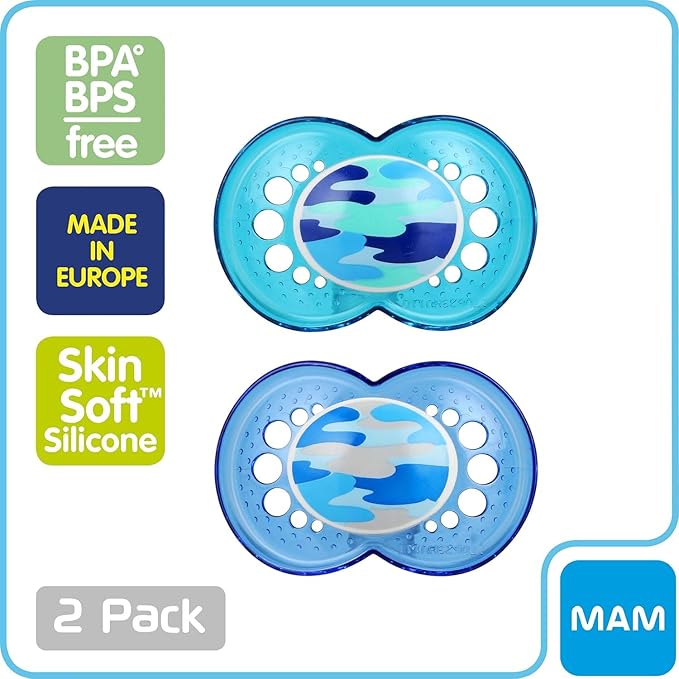 MAM Original Baby Pacifier, Nipple Shape Helps Promote Healthy Oral Development, Camo Boy, 16+ (Pack of 2)
