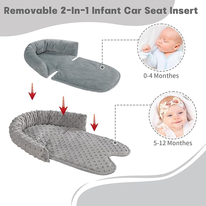 Infant Car Seat Insert, Baby Car Seat Head & Body Support with 2 Straps Pads, Ultra Soft Newborn Preemie Carseat Insert Cushion for Girls Boys, Fits Car Seat, Stroller, Swing, Bouncer, Grey