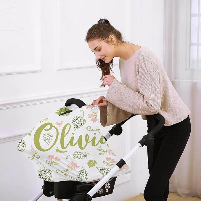 Personalised Car Seat Cover for Babies - Multi-use Carseat Canopy Cover with Name, Car Seat Covers, Christmas Birthday Gifts for Infant Boys and Girls Light Green Flower