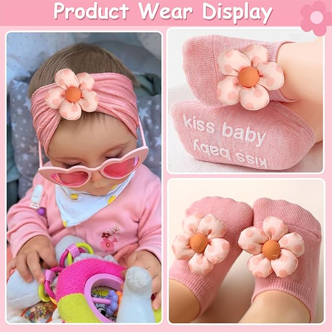 MIUXUESO Baby Girls Headbands and Socks Newborn Flower Hairbands Non-Slip Grips Socks Nylon Hair Accessories Infants and Toddlers (Pink, 6-12 Months)