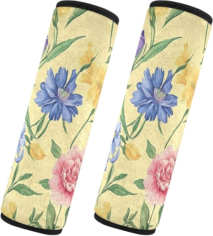 Car Seat Belt Pads Covers 2 Pcs Soft Seat Belt Shoulder Strap Covers Pad for Women Men Kids S Florals Carnation Delphinium Flower Yellow
