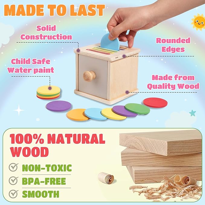 YAANI Montessori Coin Box Toy for Toddlers – Wooden Shape Sorting & Color Matching Learning Toy – Fine Motor Skills, Object Permanence, Early Educational Gift for 1-3 Year Old Boys & Girls