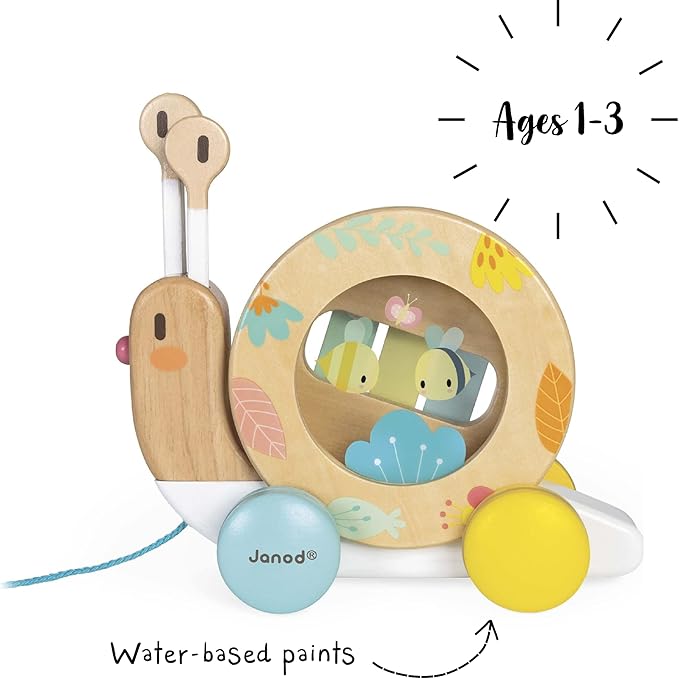 Janod Pure Pull Along Snail - Wooden 2-in1 Musical Toy - Ages 1+ - J05159