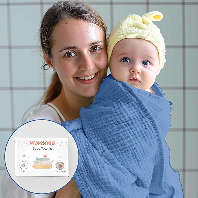Momsnug 3-Pack Muslin Hooded Baby Towels, 100% Cotton, Ultra-Soft & Absorbent Baby Bath Towels with Hood for Babies, Infant, Toddler and Newbron(Green + Grey + Dark Blue，35" X 35'')