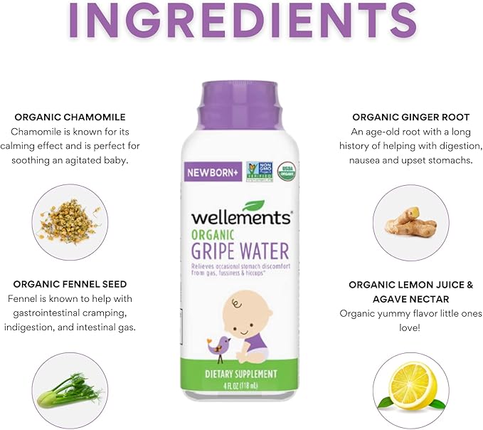 Wellements Gripe Water 4 Fl Oz (Pack of 2) Relieves Occasional Stomach Discomfort from Gas, Fussiness & Hiccups, USDA Certified Organic, Gluten Free & Non GMO, Ages Newborn+