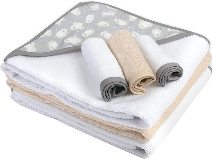 Hooded Baby Bath Towel and Washcloth 6 Piece Set for Newborns, Infants & Toddlers, Boys & Girls Baby Hooded Towels Set (Little Lambs & Moons)