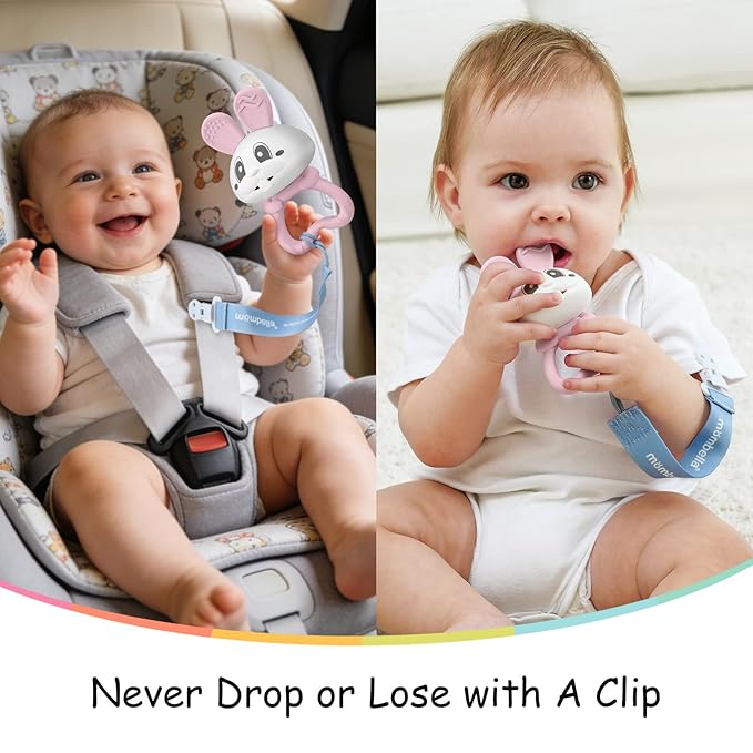 Baby's First Toy with Rattle, Easter Gifts for Babies 3 Months+, Mombella Bunny Baby Teether Toys, Easter Basket Stuffers Baby Teething Toys with Clip to Attach, Baby Chew Toys 6-12 Months, Pink