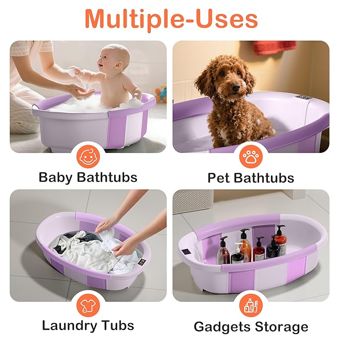 Collapsible Baby Bathtub - Large Baby Bath Tub with Thermometer & Cushion | Travel Portable Newborn Infant Bathtub | Foldable Toddler Bathtub for Baby 0 to 36 Months (Purple)