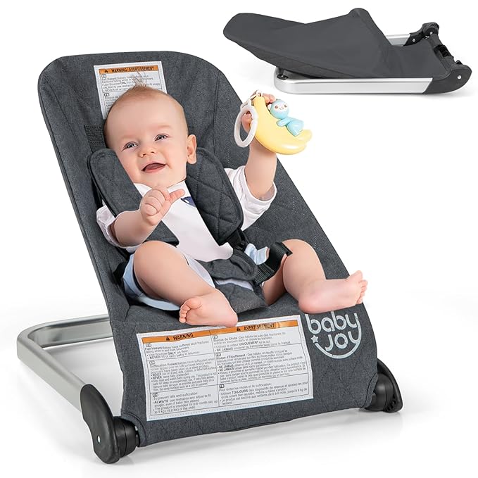 BABY JOY Baby Bouncer, Foldable Bouncer & Stationary Seat with 5-Point Safety Harness, Removable Fabric Cover, Portable Infant Bouncer Seat for Newborns Baby 0-6 Months (Dark Gray)