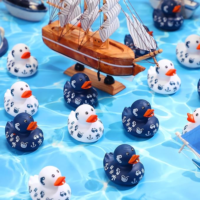 Jerify 12 Pcs 2 Inch Cruise Ducks for Hiding Mini Rubber Ducks for Cruise Ships Bath Toys Duckies for Kids Adult Valentine's Day Carnival Party Birthday Gifts Blue and White