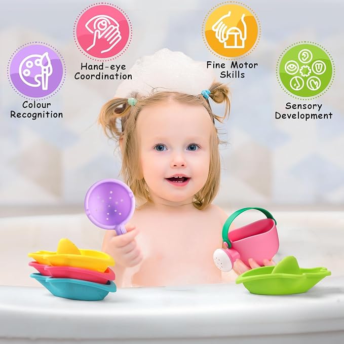 Fajiabao Bath Toys for Kids Ages 1-3 Toddler Bath Toys Mold Free for 2-4 Stacking Boat Water Table Pool Sand Bathtub Sensory Toys for Girls Boys Gifts 6 PCS (Color Random