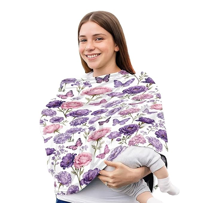 Rose Flower Butterfly Nursing Cover Carseat Covers Baby Car Seat Cover for Girls Boys, Stretchy Car Seat Canopy Multiuse Nursing Breastfeeding Protectors, All-in-1