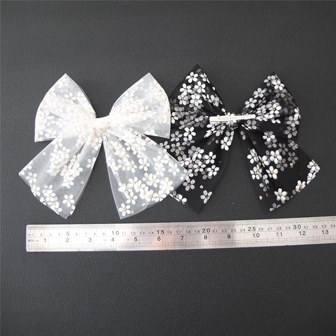 Large Tulle Bow Hair Clips for Baby Girls - Lace Hair Bow Women Cottagecore Lightweight Gauze Hair Barrettes Accessories (Black and White Gold Foil)