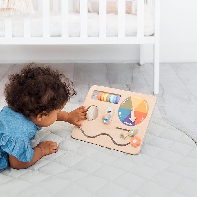 Pearhead Busy Board for Toddlers – FSC-Certified Wooden Montessori Sensory Travel Toy with Built-in Stand, Develops Fine Motor Skills & Color Recognition, Boys and Girls, 1 2 3 Year Old