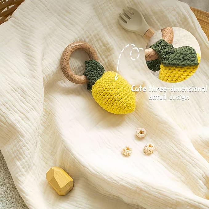 Wooden Baby Rattle Toys Stuffed Crochet Rattle with Teether Ring for Newborn Babies Fruit Wooden Teether Toy Infant Toddler Handcrafted Crochet Rattles Cute Shower Gifts for Boy and Girls