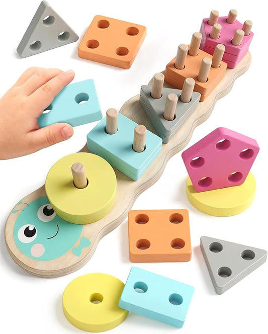 1 Year Old Boy Girl Gifts Montessori Toys for 1 2 Year Old Caterpillar Wooden Shape Sorter Stacking Toys for Toddlers 1-3 Educational Preschool Learning Toy Easter Basket Stuffers Birthday Gift