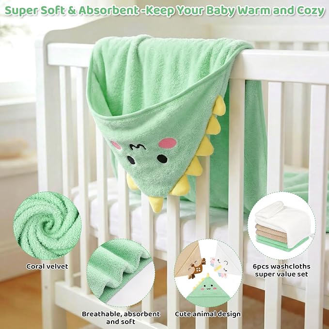 CandyHome 9 PCS Baby Bath Towels for Infants Toddlers, 3 PCS Animal Hooded Baby Towels & 6 PCS Washcloths Set, Ultra Absorbent Soft Cute Newborn Bath Essentials Gifts for Boys & Girls