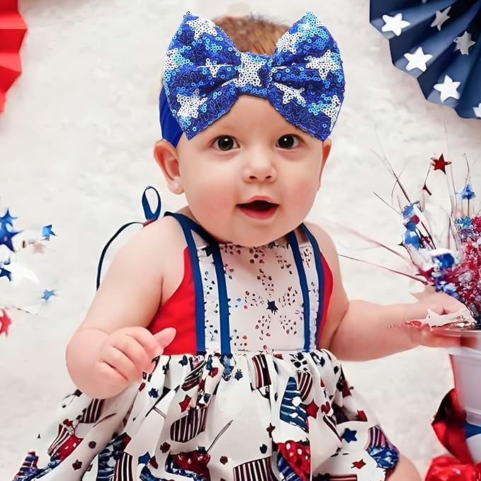 4th of July Red Blue Headband Sequin Bows Glitter Hair Bow for Girls Toddler Patriotic Star Headband Accessories Infant