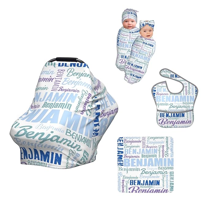 Personalized Baby Car Seat Cover for Boys Girls, Custom Monogram Nursing Covers for Breastfeeding with Name, Infant Stroller Cover, Optional Baby Bib, Baby Swaddle Set for Newborn Infant