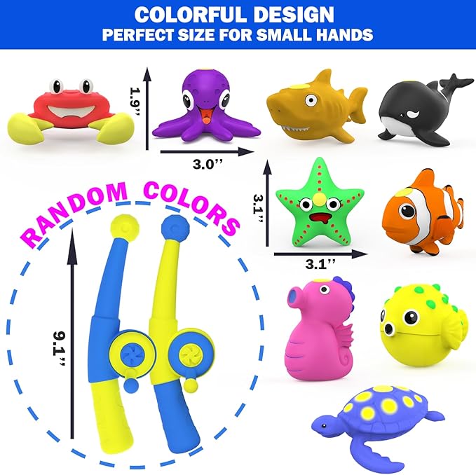Color Changing No Hole Magnetic Fishing Bath Toys for Kids Toddlers Baby, Color Change Water Table Toys Sea Creatures with Fishing Rod (10 Packs)
