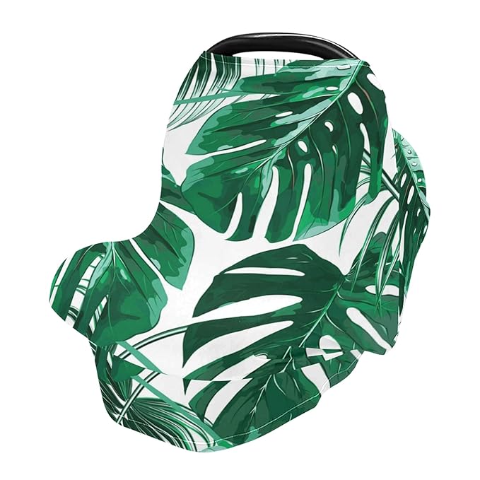 Palm Leaf Tropical Jungle Monstera Leaves Floral Pattern Print Stretchy Baby Car Seat Cover Infant Canopy Nursing Covers Breastfeeding Cover Breathable Windproof Winter Scarf for Boys Girls