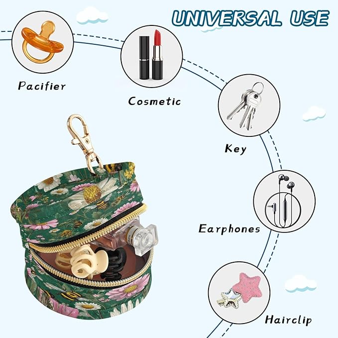 Pacifier Holder with Clip Pacifier Case for Diaper Bag Round Baby Pacifier Pouch Box Bag Portable Dark Green Bees and Flowers