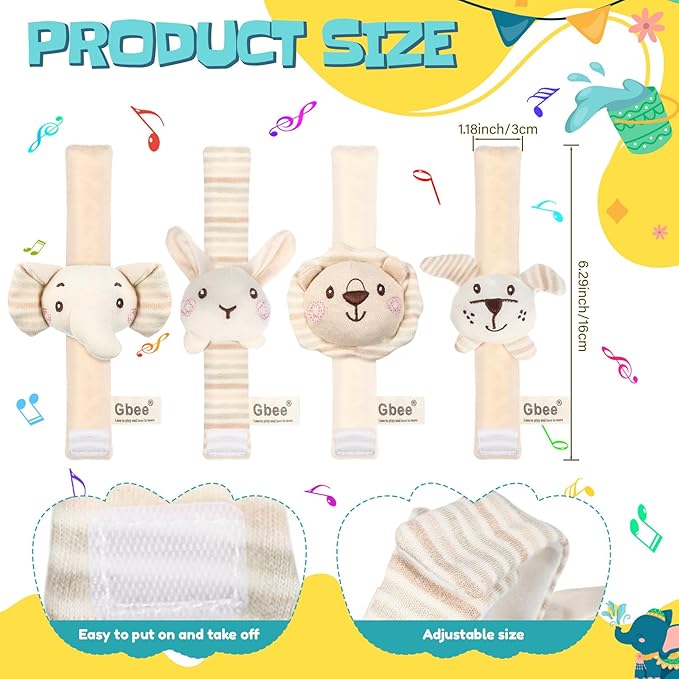 4 Pieces Baby Wrist Rattles Animal Pattern Newborn Rattle Foot Rattles Toy for Babies Boy Girl Infant Birthday Gifts Educational Toys, 4 Designs (Rabbit Dog Lion Elephant)