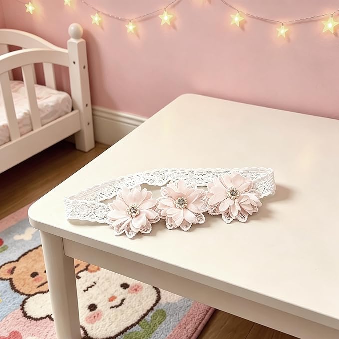 Baby Girls Hairband White Bow Lace Headbands Handmade Soft Stretchy Wide Head Band Newborn Hairbands with Bows Pearls Elastic Headband for Infant Hair Accessories（Three Pearl Flowers）