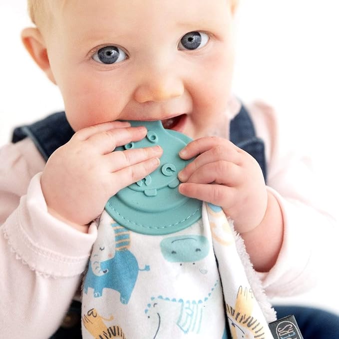 Cheeky Chompers Comfortchew | Baby Lovey with Silicone Teether & Sensory Tags | Soft Fleece Material, Attachable Loop, Machine Washable (Cheeky Animals)