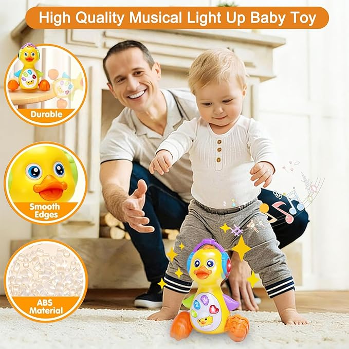Musical Flapping Yellow Duck, Crawling Tummy Time, Educational Learning Walking Light Up Dancing Toy for 1 Year Old Baby Toddler Infant Easter Valentine Gifts