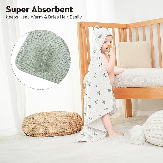 Susurration 2 Pack Thick Muslin Baby Towels, 100% Cotton Soft and Absorbent Baby Bath Hooded Towel for Newborn, Infant, Girls, Boys, Baby Essentials