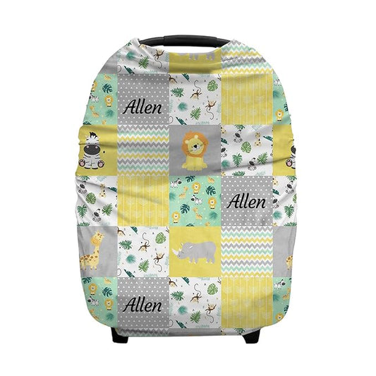 Personalized Zoo Animals Plaid Baby Car Seat Covers with Name, Custom Nursing Cover Breastfeeding for Babies, Carseat Canopy for Boys and Girls, Infant Stroller Cover, Breathable Carseats Cover