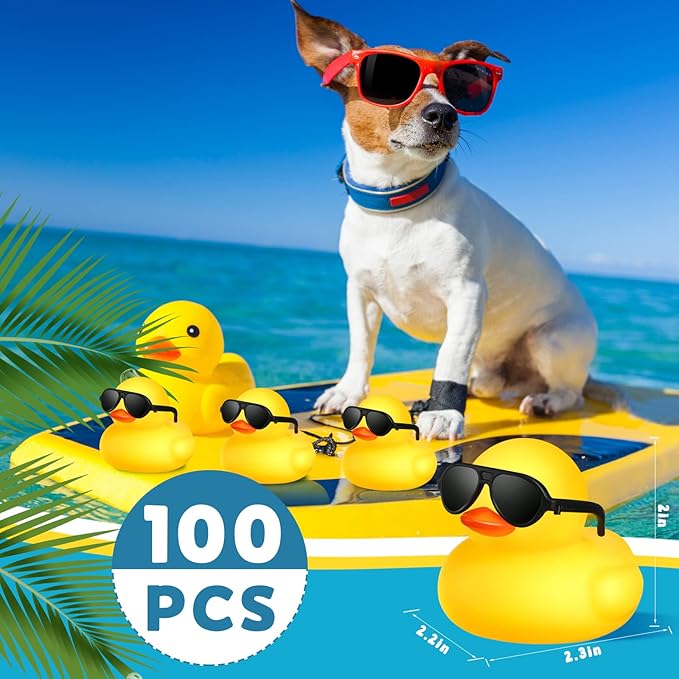 Chivao 100 Pcs Rubber Ducks with Sunglasses in Bulk Mini Yellow Rubber Duck Gifts Squeak Bath Float Bathtub Toys for Cruise Gift Exchange Birthday Party Supplies