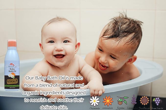 Mommy Care Organic Baby Bath Oil Pure Natural Essential Oils, Calming, Hydrating, Newborn Bathing Oil to Restore your baby’s natural skin moisture. Great for irritated or dry skin. 6.76 oz