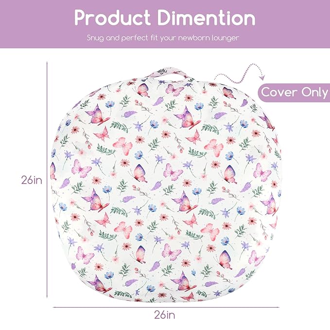 Newborn Lounger Cover for Boys Girls, Soft Comfortable Baby Lounger Cover 1 Pack Reversible Removable Fleece Slipover for Infant Lounger Pillow, Butterfly (Cover Only)