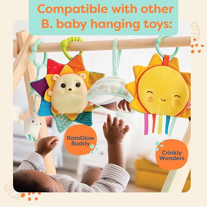 B. toys – Wooden Baby Play Gym – Activity Mat – Starry Sky – 3 Hanging Sensory Toys – Natural Wood – Babies, Infants