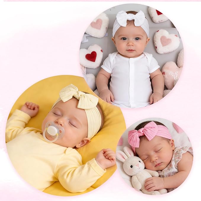 baotongle 3pcs Baby Girls Headbands Soft Stretchy Nylon Hair Bands Hair Accessories with Bows for Newborn Baby Girls Infant Toddlers Kids(White,Light Pink,Beige, 5.7inches)