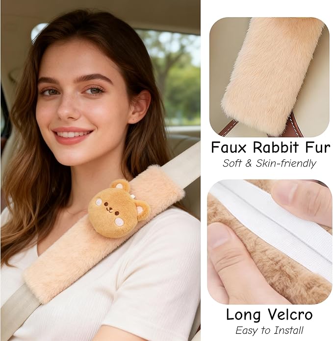 2 PCS Seat Belt Cover Pad, Cute Kawaii Animal Bear Seatbelt Covers for Kids and Adults, Winter Plush Fluffy Soft Seat Belt Cover, Cartoon Seatbelt Cushion,Car Seat Strap Pads (F-Bear)