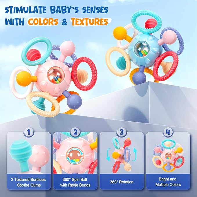 Easter Baby Teething Toys for 0-6 6-12 Months, BPA Free Food Grade Silicone Teether, Infant Sensory Chew Rattles Toys, Perfect Baby Easter Basket Stuffers & Easter Gifts, Light Pink